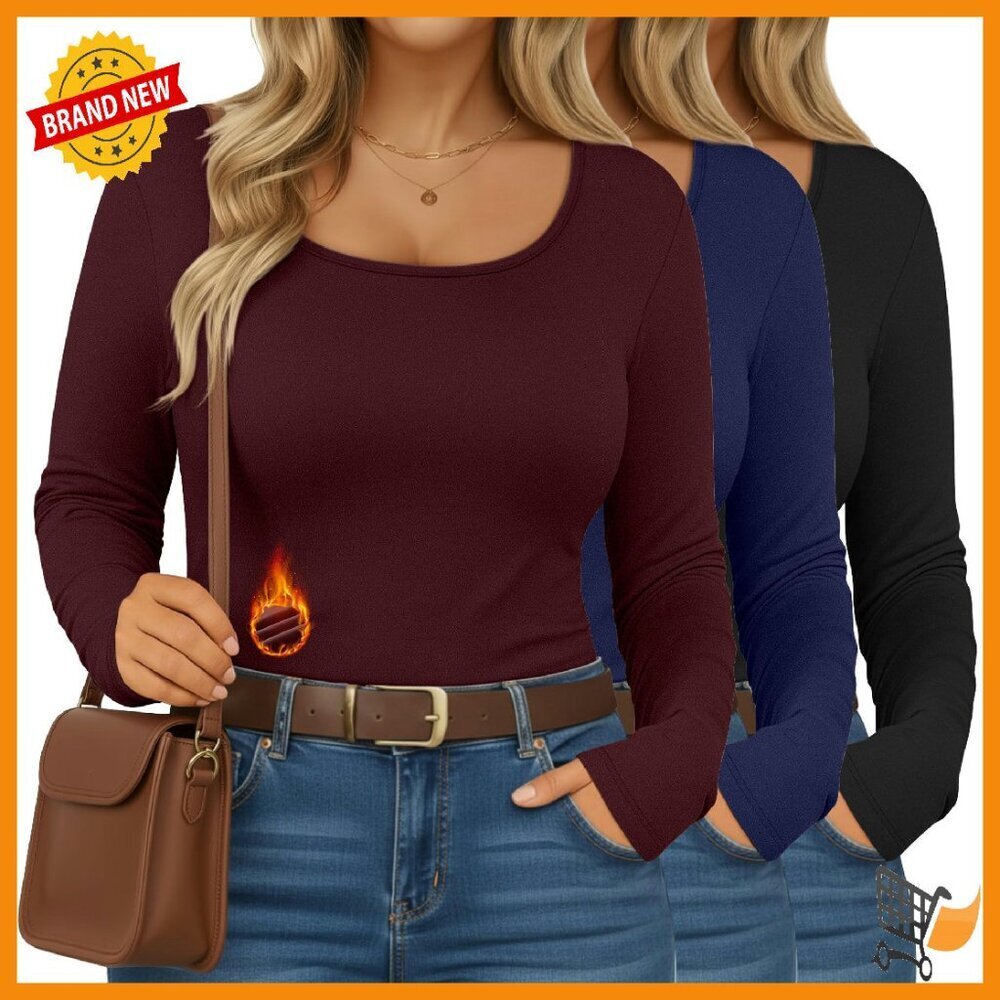 Plus Size Fleece Lined Thermal Tops 3 Pack Long Sleeve Base Layer